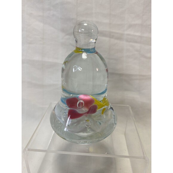 Vintage Joe St Clair Pink Yellow and Blue Flowers Green Leaves Bell Paperweight - Picture 3 of 12